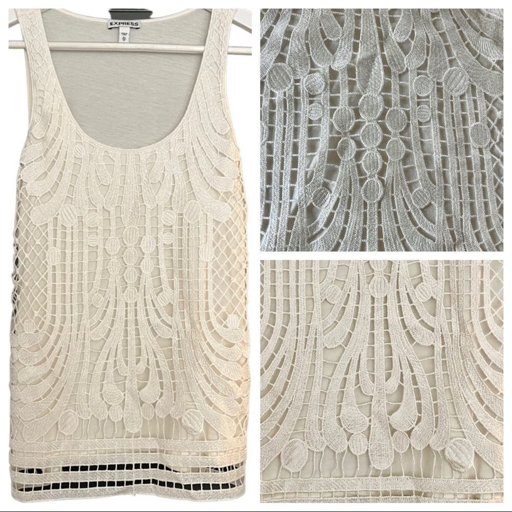 Express Soft White Tank Top With Iridescent Lace Overlay